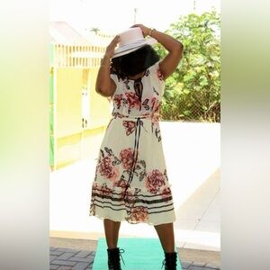 GUESS Floral Chiffon Midi Dress Cream Pink Ruffle Stripe Trim L - Boho Chic